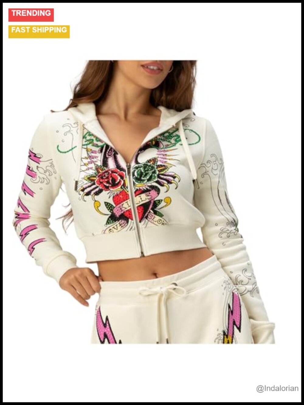 Cropped Zip Front Hoodie Sweatshirt with Tattoo Graphics